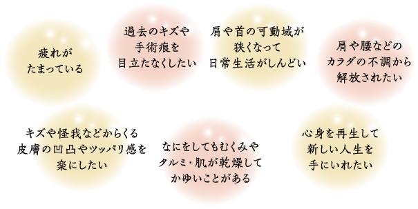 ・疲れがたまっている　・過去のキズや手術痕を目立たなくしたい　・肩や首の可動域が狭くなって日常生活がしんどい　・肩や腰などのカラダの不調から解放されたい　・キズや怪我などからくる皮膚の凹凸やツッパリ感を楽にしたい　・なにをしてもむくみやタルミ、肌が乾燥してかゆいことがある　・心身を再生して新しい人生を手に入れたい