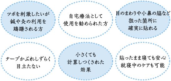 ・ツボを刺激したいが鍼や灸の利用を躊躇される方　・自宅療法として使用を勧められた方　・目のまわりや小鼻の脇など、狙った箇所に確実に貼れる　・テーブかぶれしづらく目立たない　・小さくても計算しつくされた効果　・貼ったまま寝ても安心、就寝中のケアも可能